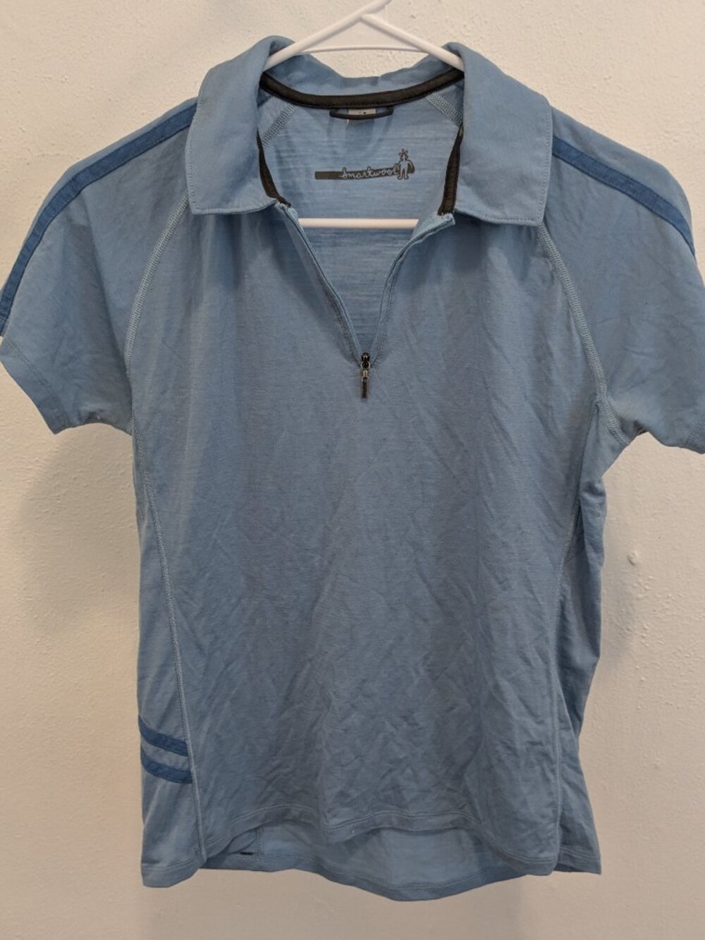 Smartwool Polo Shirt Womens Medium Blue Merino Wool Quarter Zip Active Bike Hike